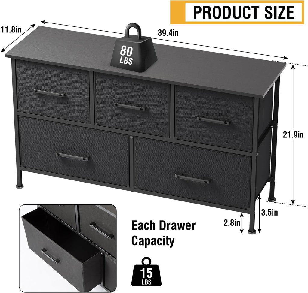 PayLessHere Fabric Dresser - Wide 5-Drawer Chest of Drawers with Metal Frame & Wood Top | Black Storage Unit for Bedroom, Living Room, Entryway