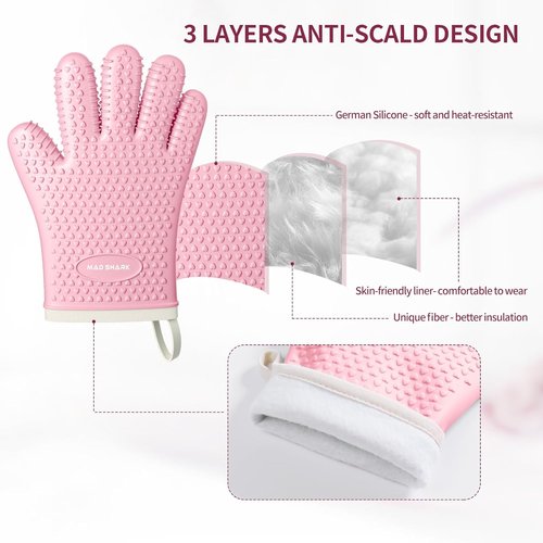 MAD SHARK Silicone Oven Mitts - Heat Resistant 450°F, Waterproof & Non-Slip | Cotton Lined, Pink
