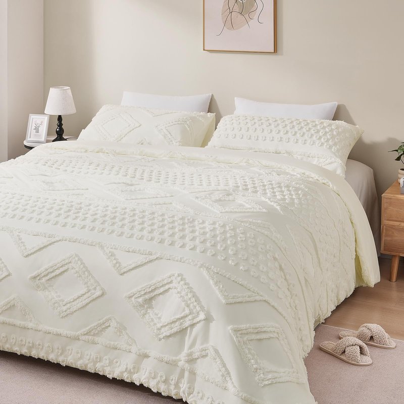 YIXWZAS Boho King Comforter Set Beige with Sheets, 3 Pieces Tufted King Comforter Sets Boho Bedding Cream Soft Warm Neutral Comforter Sets for All Seasons