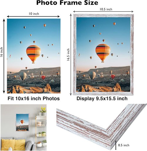 JCJMY 10x16 Rustic White Picture Frame - Versatile Wall Mounting for Horizontal or Vertical Display