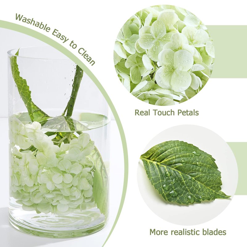 Waipfaru 21" Real Touch Green Hydrangea Artificial Flowers with Long Stem & Leaves, Full Latex Faux Hydrangea Flowers for Home Decor Party Floral Arrangements Wedding Bouquets Centerpieces, 5Pcs
