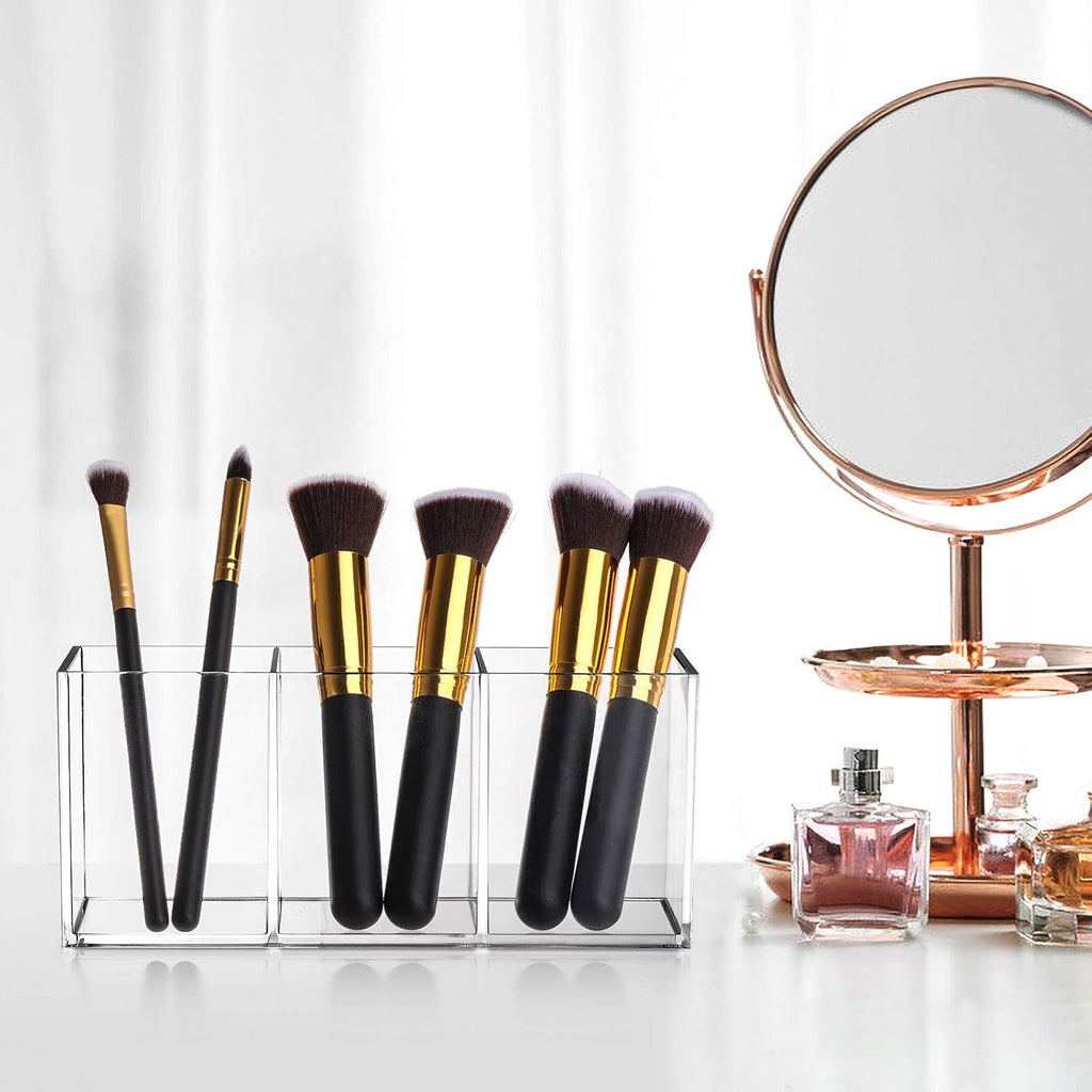 Tbestmax Makeup Brush Holder - Clear Cosmetic Organizer with 3 Slots for Vanity Storage