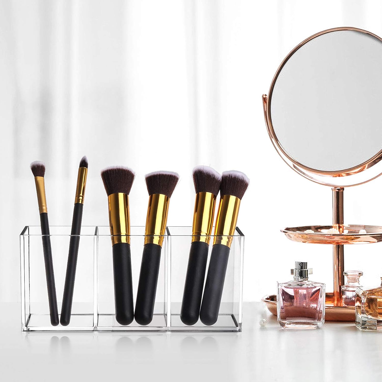 Tbestmax Makeup Brush Holder - Clear Cosmetic Organizer with 3 Slots for Vanity Storage