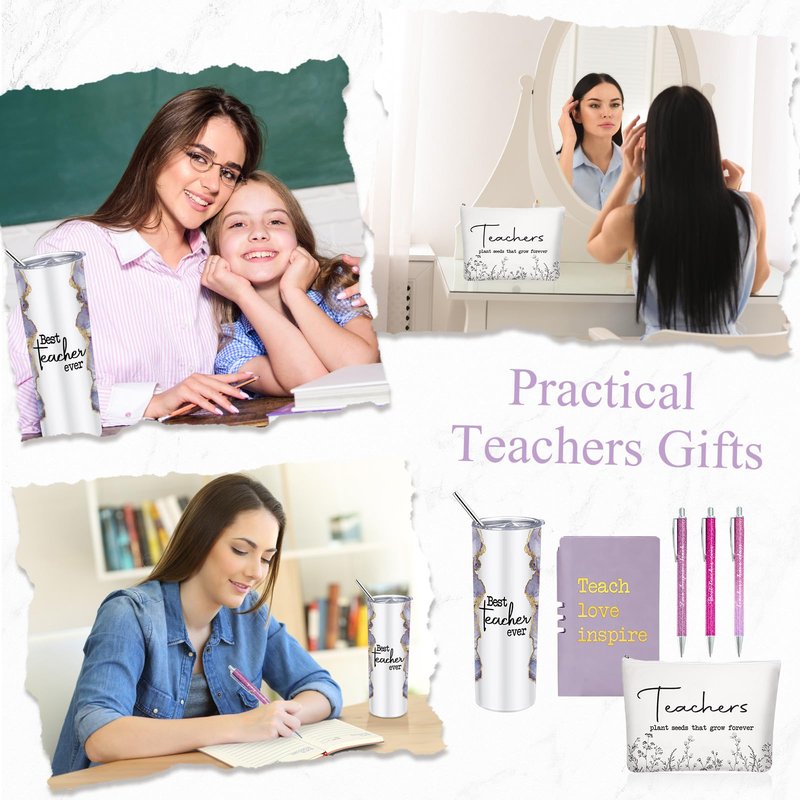 Domensi 6 Pcs Teacher Appreciation Gift Set for Women Staff 20 oz Marble Sign Tumbler Inspirational Ballpoint Pen Notebooks with Makeup Bag Teacher Thank You Gifts(Purple)