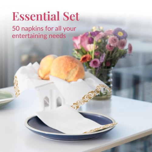 Prestee 50 Pack Disposable Hand Towels for Bathroom - Elegant Linen Feel Paper Napkins, 2-Ply - Absorbent Decorative Guest Towels for Bathroom, Wedding, and Party Use - (White and Gold)