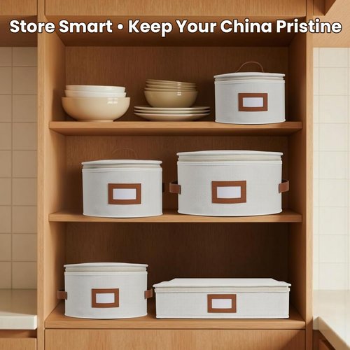 HOMELUX THEORY Hard Shell Storage Containers - 8pc Ivory Mug & Plate Boxes with Lids for Kitchen Organization