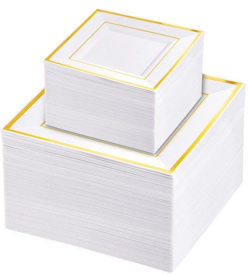 Liacere 100PCS White and Gold Square Plastic Plates-50PCS Heavy Duty 9.5inch White Dinner Plates and 50PCS 6inch White Dessert Plates - Gold Plastic Plates for Party & Christmas & New Year