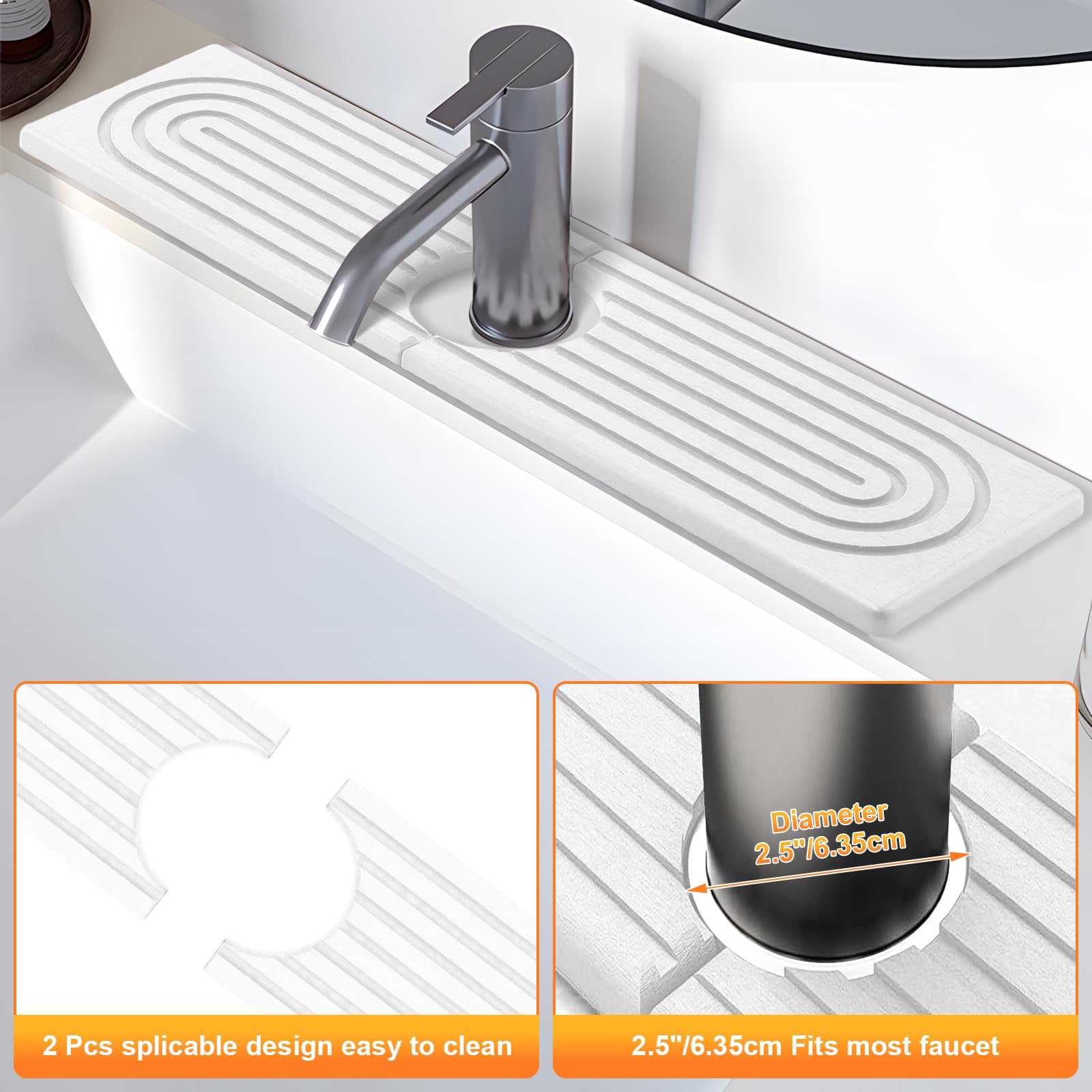 Kitchen Sink Faucet Mat, Super Absorbent Diatomaceous Earth kitchen Sink Mat Prevents Water Pooling in Sinks, Sink Splash Guard for Kitchen Bathroom Keeps Counrtops Dry (White)