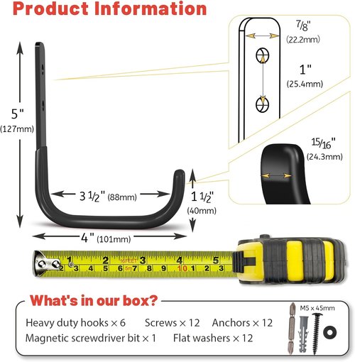 Heavy Duty Garage Hooks by [Brand Name] - 6 Pack 4-Inch Wall Mount Utility Tool Organizers | Holds Up to 55lbs