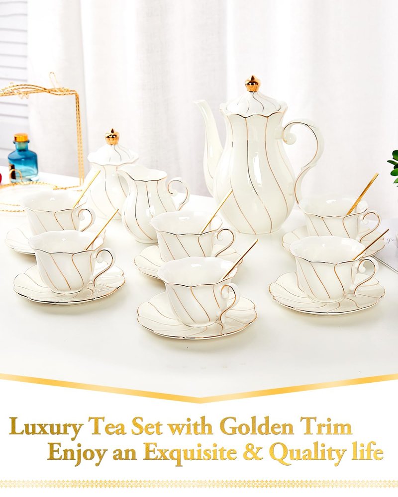 DUJUST 22 pcs White Porcelain Tea Set for 6, Luxury British Style Tea/Coffee Cup Set with Golden Trim, Beautiful Tea Set for Women, Tea Party Set, Gift Package (With a Stand)