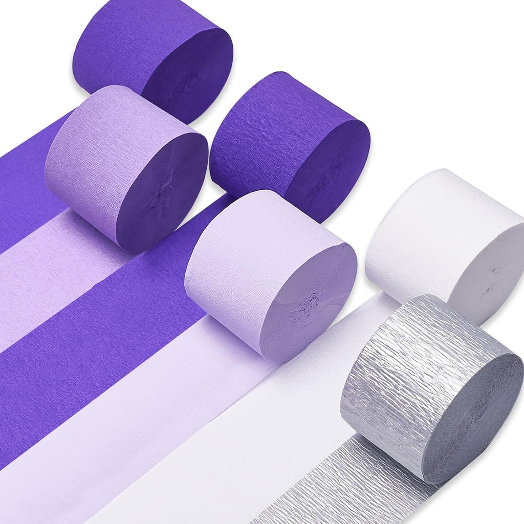 PartyWoo Purple Crepe Paper Streamers - 6pcs 492ft for Birthday & Graduation Decorations | Light & Dark Purple, Lavender, White, Silver