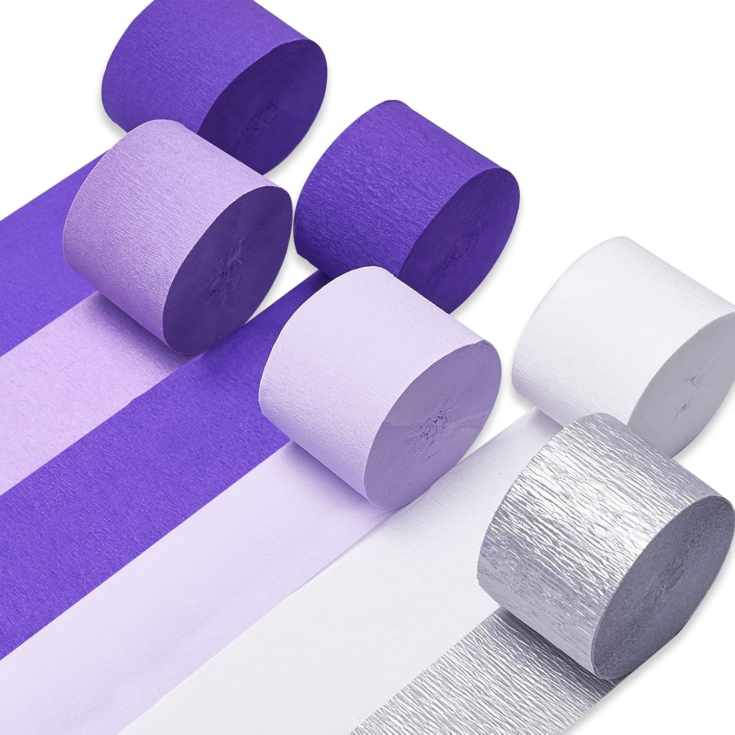 PartyWoo Purple Crepe Paper Streamers - 6pcs 492ft for Birthday & Graduation Decorations | Light & Dark Purple, Lavender, White, Silver