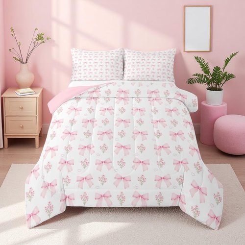 Erosebridal Pink Bow Queen Comforter Set for Girls Teens Bedroom,Girly Ribbon Pink Floral Coquette Bedding Set Coquette Bowknot Bed Set Bowtie Heart Bedding Comforter Sets Garden Flowers Quilt 3 Pcs