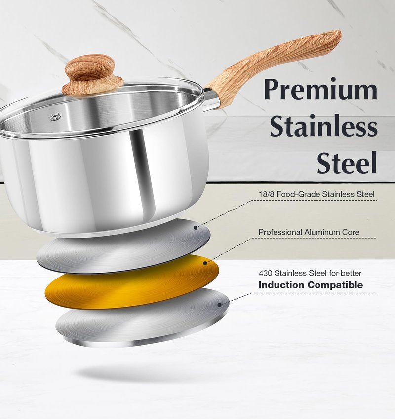 KOCH SYSTEME CS 2 Quart Sauce Pan with Lid, Stainless Steel Saucepan with Heat-resistant Bakelite Handle, Saucepan with Lid, Stainless Steel Pot 2QT, Stainless Steel Sauce Pan, Induction Compatible