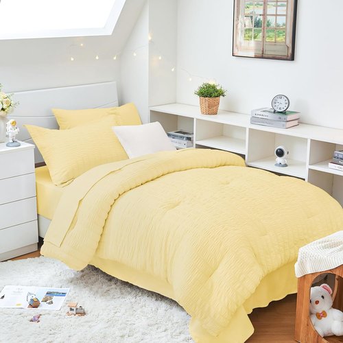 HYMOKEGE Twin XL Comforter Set - 5-Piece Seersucker Luxury Bedding Set for All Seasons | Yellow