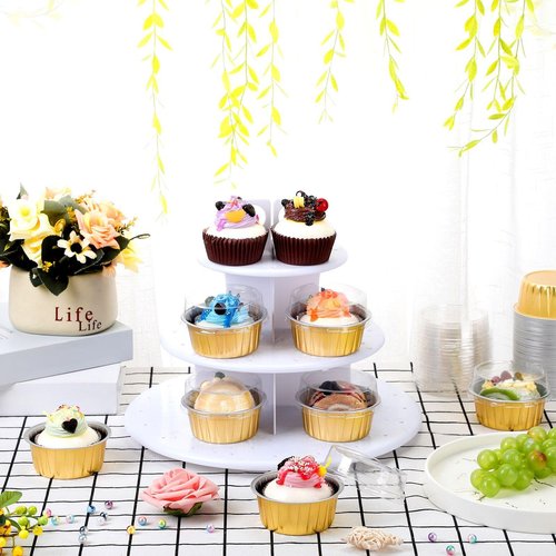 Gandeer 200 Pack Aluminum Foil Cupcake Liners with Lids, 5 oz Round Baking Cup,Disposable Tart Pie Ramekin Container for Ramadan, Easter, Wedding Party(Gold,Plain)