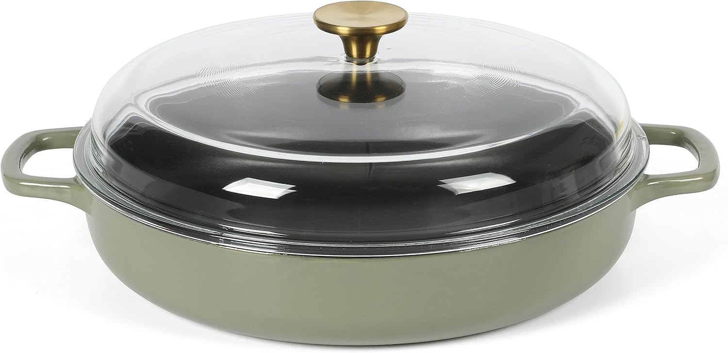 Sur La Table Enamel Cast Iron Braiser Pan - 3.75 Quart Multi-Purpose Non-Toxic Nonstick with Glass Lid | Juniper Green
