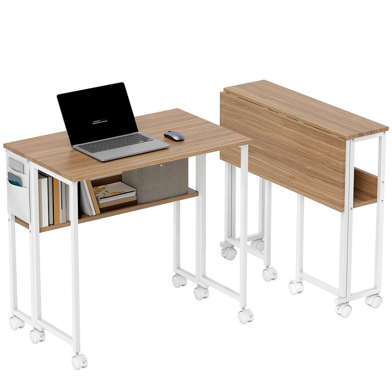 HOMCOM Small Folding Desk, Rolling Computer Desk Foldable with Storage Bag and Shelf, 31.5" Portable Writing Table on Wheels for Small Spaces, Home Office, Study, Easy Assembly, Natural Wood