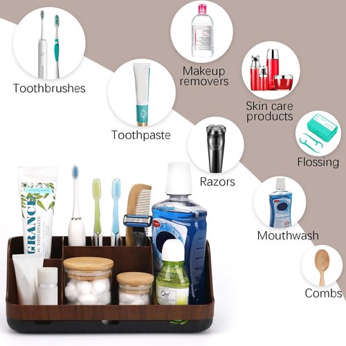 GFWARE Wood Toothbrush Holder - 7 Slot Detachable Bathroom Organizer | Brown Wooden Caddy for Kids
