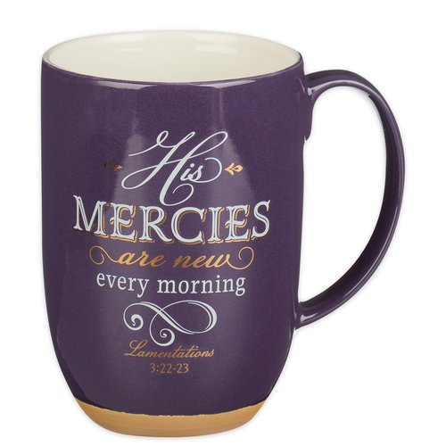 His Mercies are New Purple Ceramic Coffee Mug with Exposed Clay Base - Lamentations 3:22-23
