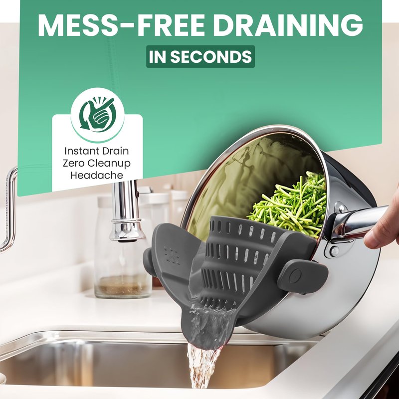 Blooming Sea Pasta Strainer Clip-On for Pots and Pans – Heat Resistant Colander for Vegetables and Noodles – Space-Saving Design – BPA-Free, Dishwasher Safe, Universal Fit (Grey)