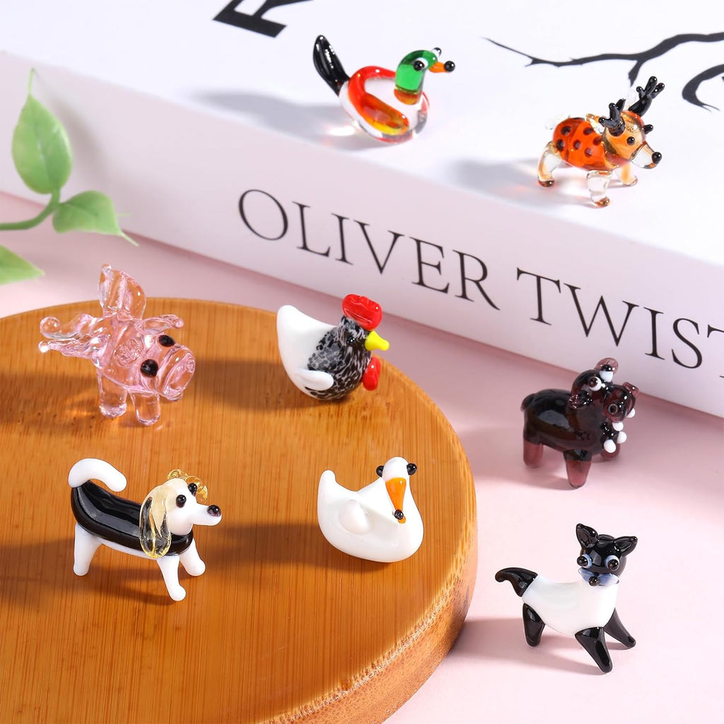 Skiennix 8 Piece Hand Blown Glass Figurines - Miniature Animal Collection for Home Décor & Gifts