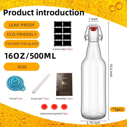 eispap 3 pcs Clear 16oz Beer Bottles with Flip Caps, 16oz Glass Bottle with Swinging Top for Airtight Lids, Home Brewing and Fermentation Kombucha, Vanilla Extract, Beverage, Water