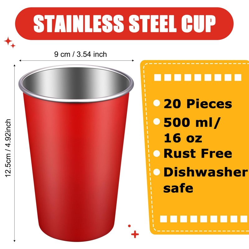 Mimorou 20 Pack Stainless Steel Pint Cups Metal Cups Unbreakable Drinking Water Tumblers Stackable Tumbler for Adults Bar Home Restaurant Travel Picnic Camping Outdoor (Red,16 oz)