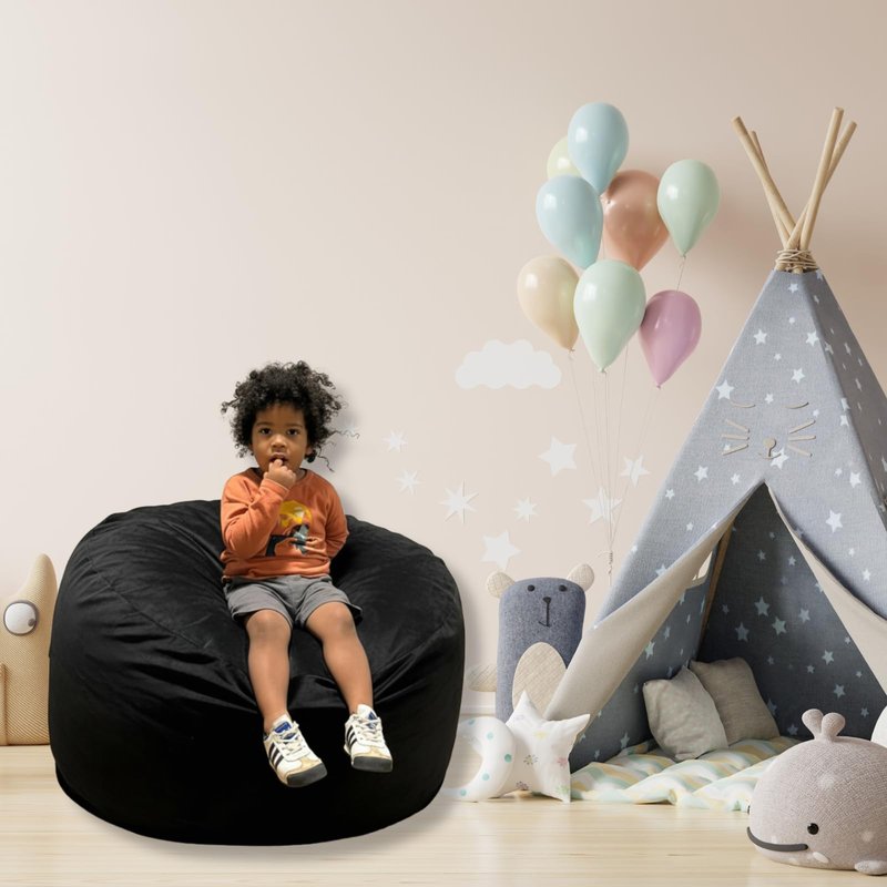 ACH Big Bean Bag Chair 3FT – Memory Foam Filled, Soft Velvet Cover, Removable & Washable – Perfect Lounging Chair for Kids & Teens – Big Bean Bag for Bedroom, Living Room, & Gaming (Black, BIG - 3FT)