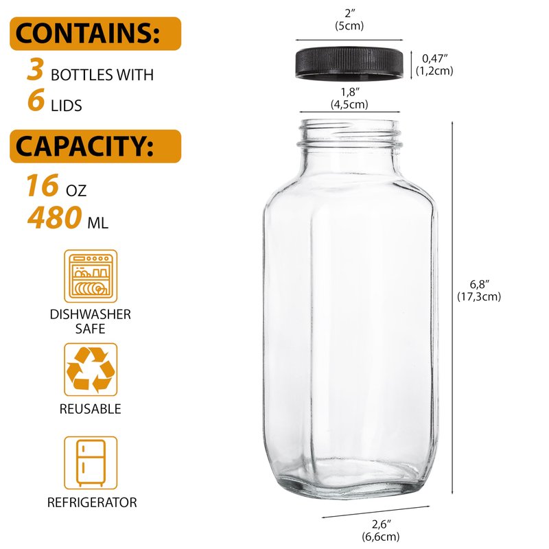 umud Juice Bottles with Lids, 16 Oz - Set of 3 - Clear Glass Jars with Caps - Reusable Empty Drink Containers for Juicing, Smoothies, Water, Milk, Kombucha Storage, Wellness Shots and More (3)