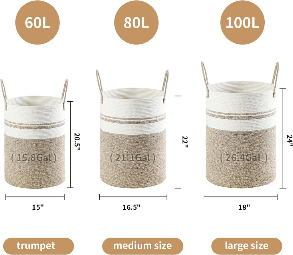 Skiennix Laundry Basket Hamper - Tall Woven Rope Storage for Blankets & Toys | 60L, Brown & White
