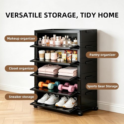 300QT Foldable Storage Cabinet - 5-Tier Organizer with Magnetic Door & Wheels | Space-Saving Unit in Red