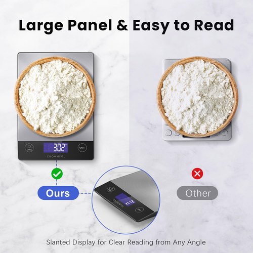 CROWNFUL Digital Kitchen Scale - 33lb Rechargeable 304 Stainless Steel | LCD Display for Accurate Grams & Ounces