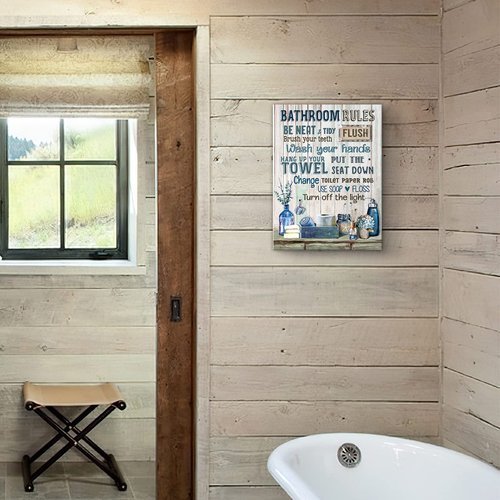 Rustic Bathroom Rules Sign - Navy Blue Wall Art, 16x24 inch Framed Modern Artwork for Toilet & Laundry Room Decor