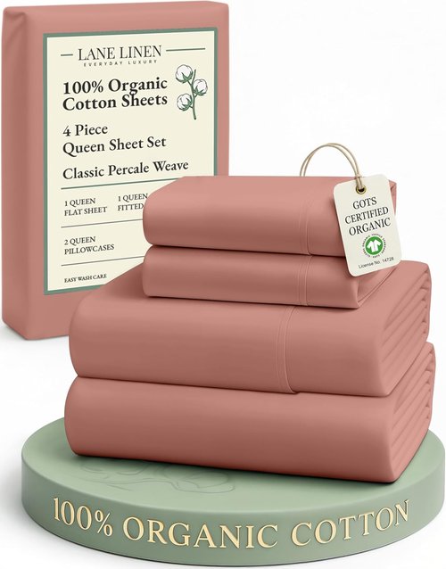 **LANE LINEN 100% Organic Cotton Queen Sheets - Eco-Friendly, Mercerized, Naturally Cooling Bedding Set in Rose Dawn**
