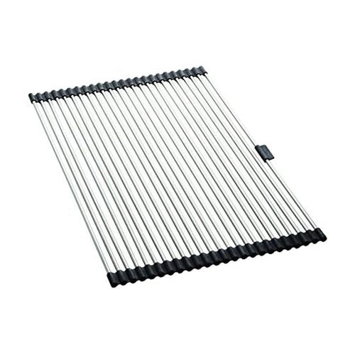 Farberware Space Saving Roll Up Over The Sink Dish Drying Mat with Rust Resistant Stainless Steel Wires with Non Slip BPA Free Food Safe Caps, Large, Silver/Black