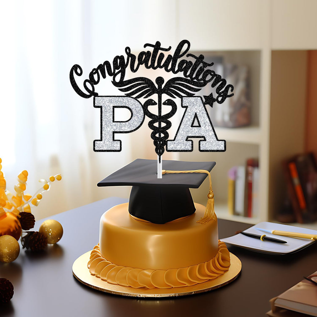 PA Cake Topper - Graduation Decorations 2025 | Congrats Nurse/Doctor, Black & Silver Glitter