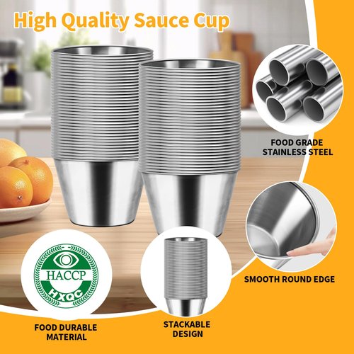 150 Pcs 2.5 oz Food Grade Stainless Steel Sauce Cups, Reusable Metal Condiment Ramekins Small Dipping Bowls for Ketchup, BBQ, Salsa, Butter & Dressings Mini Containers for Restaurants, Kitchen, Party