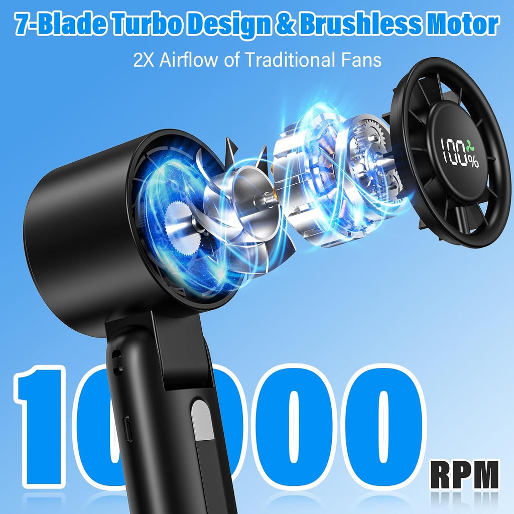 Turbo Fan | 4 in 1 Handheld Portable Mini Fan with 180° Foldable Design & 6-Speed Settings | 5000mAh Battery for 15 Hours of Cooling