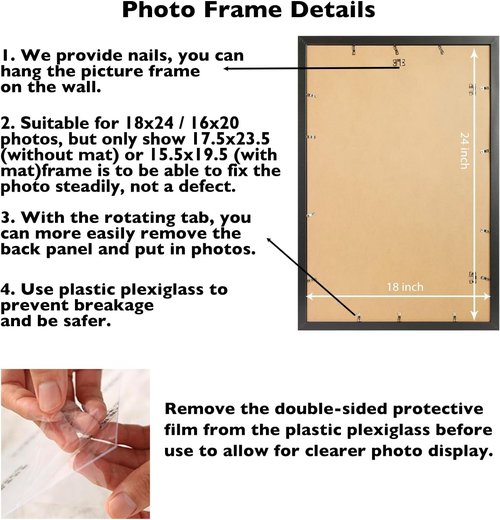 JCJMY 18x24 Picture Frame - Display 16x20 Photos with Mat or 18x24 Without Mat | Black Wall Hanging Frame