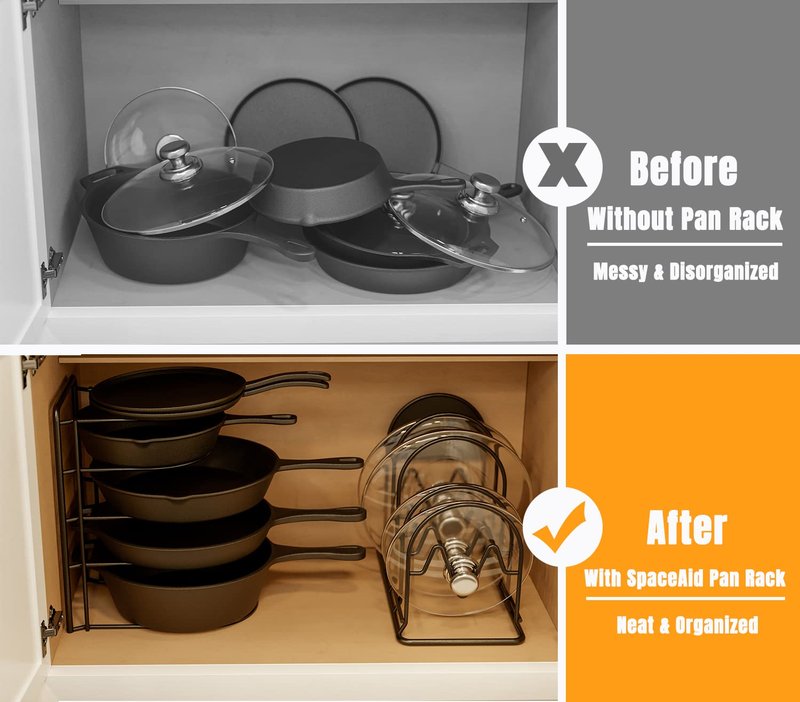 SpaceAid Heavy Duty Pan Organizer Rack for Cabinet, Pot Lid Holder, Kitchen Organization & Storage for Cast Iron Skillet, Bakeware, Cutting Board - No Assembly Required (2 pack)