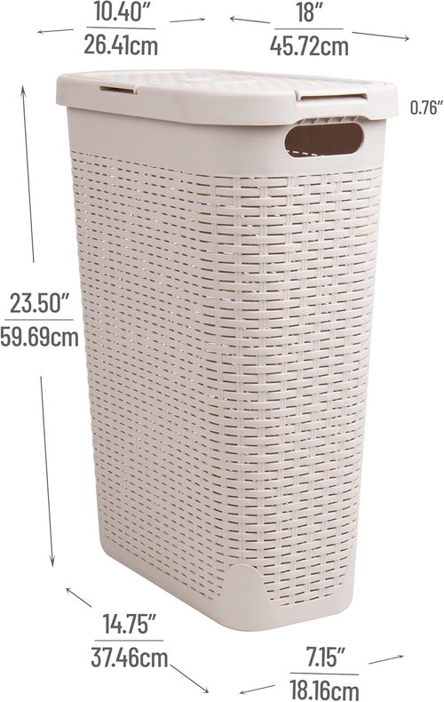Mind Reader Slim Laundry Hamper - 40L Tapered Design with Lid & Ventilated Cutouts | Ivory Plastic