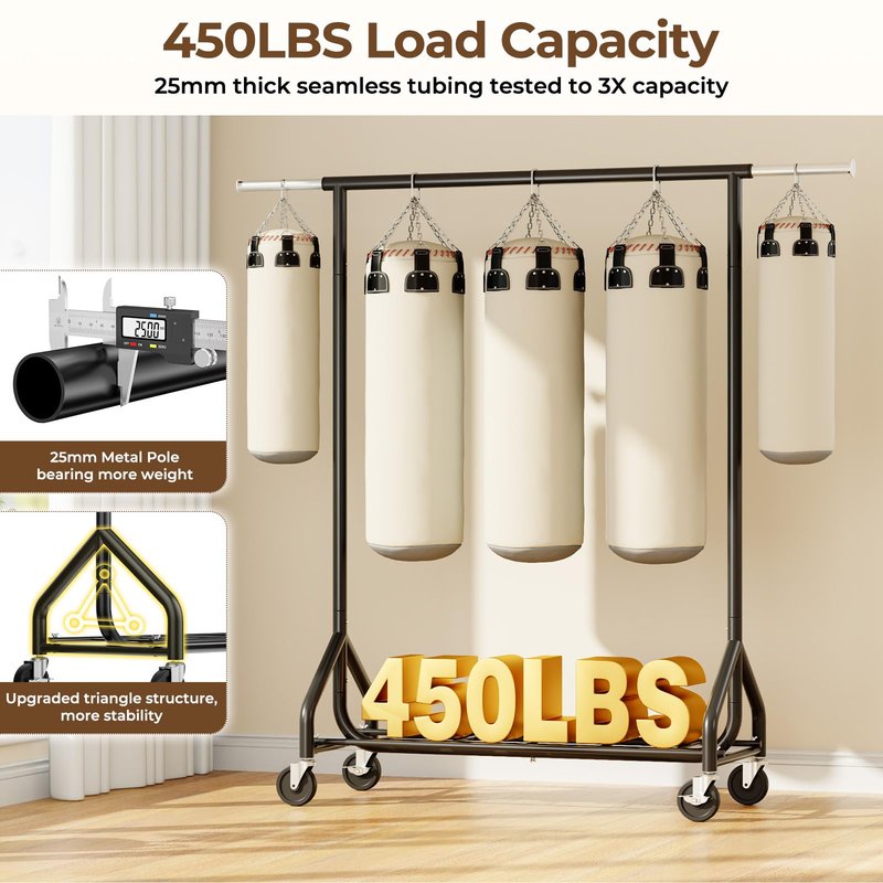HYSEYY Heavy-Duty 450LBS Capacity Metal Clothes Rack，Rolling Clothing Rack with Wheels & Shelves, Portable Standing Wardrobe Rack for Hanging Clothes, Black (Black, L)