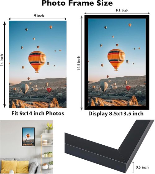 JCJMY 9x14 Picture Frame - Black Wall Mount for Horizontal/Vertical Display | Shatter-Resistant Plexiglass