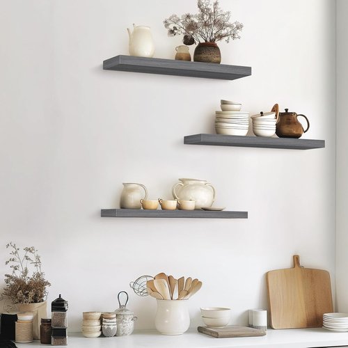 BAYKA Floating Shelves - Rustic Grey Wall-Mounted Wood Shelves for Bathroom, Bedroom, Living Room | Set of 3 (22.5 Inches)