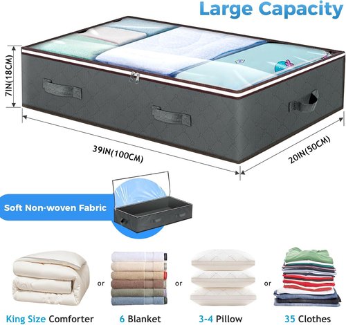 Budding Joy 90L Under Bed Storage Containers - Foldable Organizers for Linen, Blankets & Clothing - Grey