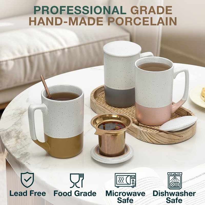 Gencywe Ceramics Large Tea Cup with Loose Leaf Infuser, Spoon and Lid, 16 oz Tall Coffee Mug, Microwave and Dishwasher Safe, Rustic Matte Ceramic Glaze, Tea Strainer (Pink)