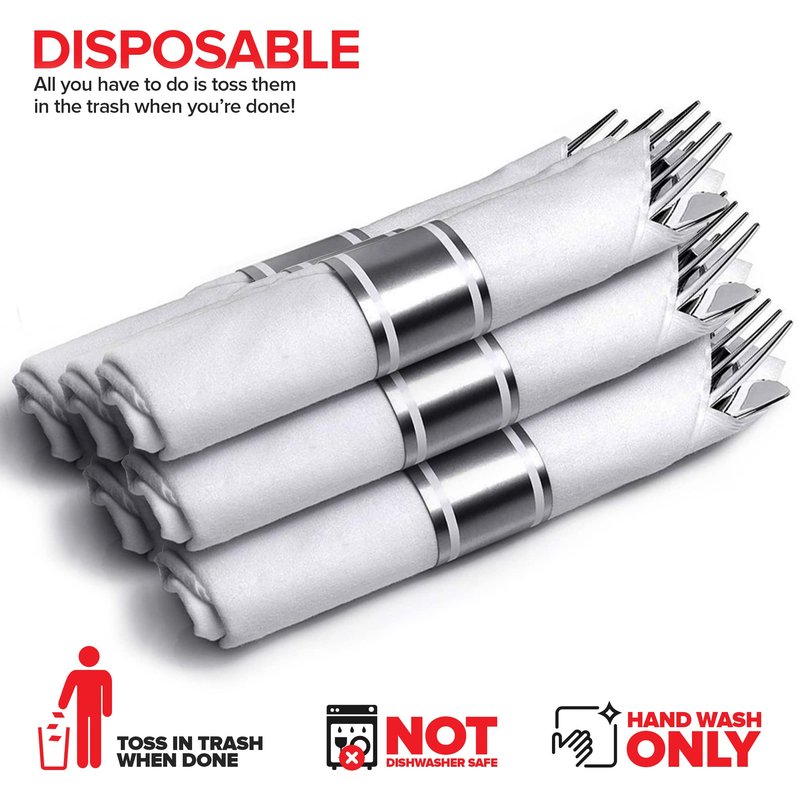 200 Pieces Pre Rolled Silver Plastic Cutlery Set, Individually Wrapped Plastic Silverware Set with 50 Forks, 50 Knives, 50 Spoons, 50 Napkins, Utensils for Weddings, Service for 50 Guests