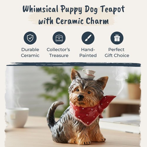 Blue Sky Clayworks Ruby Yorkshire Terrier Puppy Dog Figural Ceramic Teapot, 8.5 in Length, Yorkie Tea-Time Charm