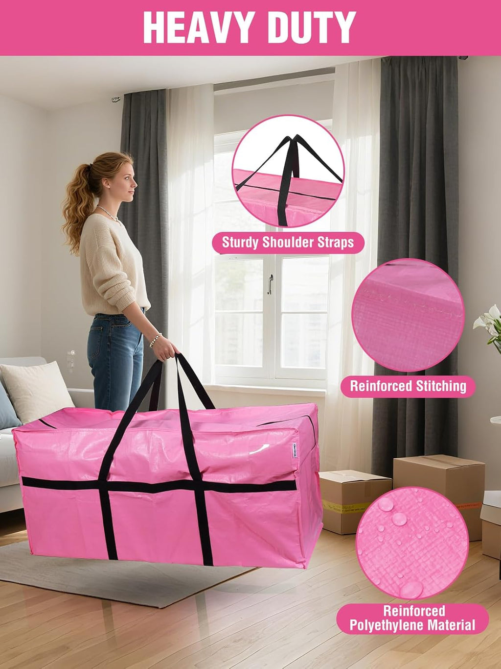 WORKPRO Extra Large 66 Gallon Moving Bag - Heavy-Duty, Water-Resistant Storage Tote with Zippers & Handles | Pink